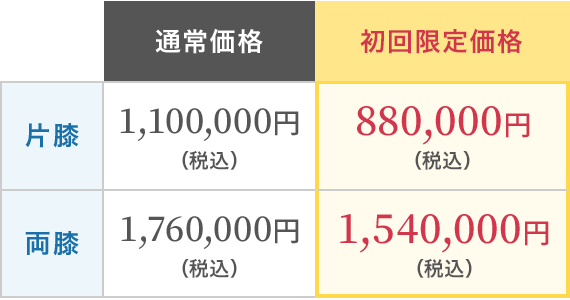 【初回限定価格】（片膝）通常価格1,100,000円のところ 880,000円（税込）／（両膝）通常価格1,760,000円のところ 1,540,000円（税込）